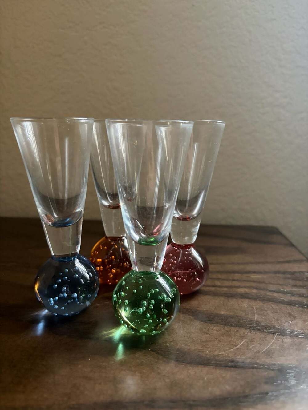 Vintage Hand-Blown Shot Glasses with Multi-Colored Controlled Bubble Bases, Set